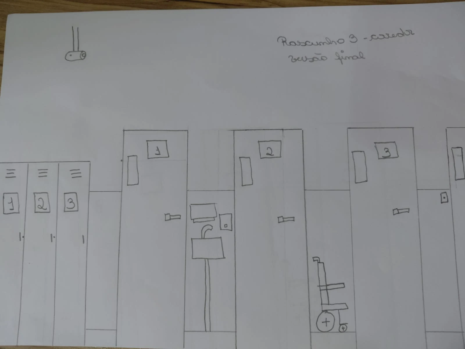 Rascunho 3 do corredor, versão final no papel: armários, portas 1 a 3, pia entre as portas e cadeira de rodas.